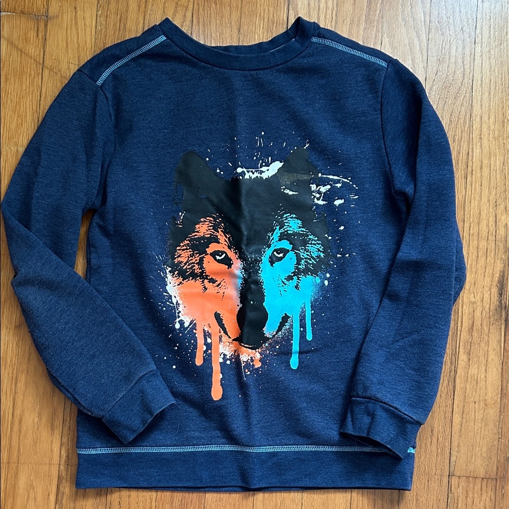 Cat & Jack Navy Sweatshirt with Orange & Blue Wolf Graphic
